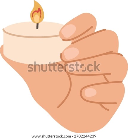 A hand grips a small candle with a lit flame in a clean, flat style. Fingers are wrapped around the candle, showcasing a simple and clear design. Cartoon vector illustration.