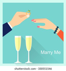 Hand of the groom holding wedding ring. Marry me. Vector flat illustration