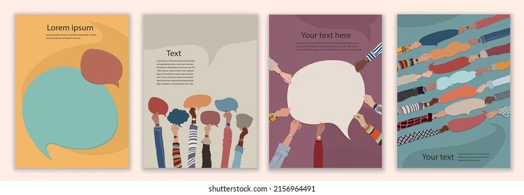 Hand Group Of Multicultural Men And Women Holding Speech Bubble In Hand. Talk  Communicate And Share Information In Social Networks. Friends Or Colleagues Talking. Set Template Editable