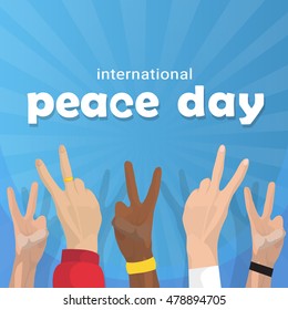 Hand Group Peace Sign World International Holiday Poster Flat Vector Illustration