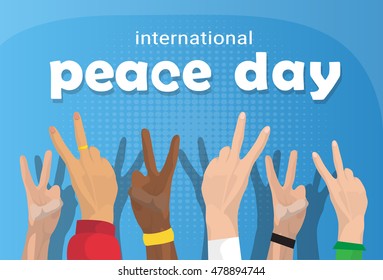 Hand Group Peace Sign World International Holiday Poster Flat Vector Illustration