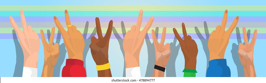 Hand Group Peace Sign World International Holiday Poster Flat Vector Illustration