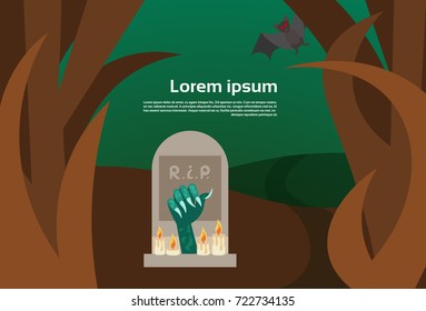 Hand Growing From Grave Happy Halloween Banner Scary Holiday Decoration Flat Vector Illustration