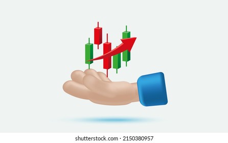 Hand with growth stock diagram financial graph. candlestick icon trading stock or forex 3d icon vector illustration style 