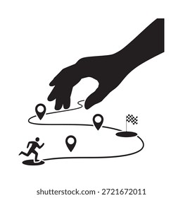 Uma mão guia um caminho com pinos de localização e uma linha de chegada