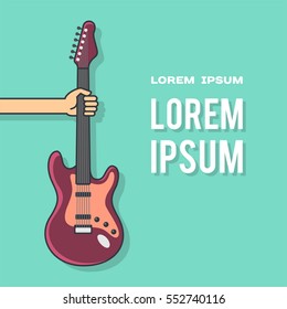 Hand with guitar - vector poster template. Concept for printable and promotion musical concerts, festivals and parties. Vector illustration.
