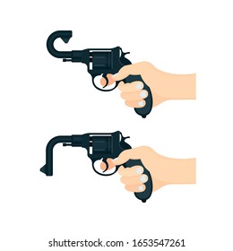 Hand und Pistole mit Fass, der nach hinten und nach unten gefaltet ist. Vintage Revolver mit beschädigtem Fass in der Hand. Handheld-Vektorgrafik-Set mit Schusswaffen. 