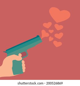 Hand with gun and hearts