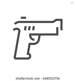 Hand gun or pistol vector icon. Gun is automatic machine weapon consist of caliber, safety, grip, trigger and magazine for police, army or military use to shooting bullet, ammo or ammunition. 48x48 px