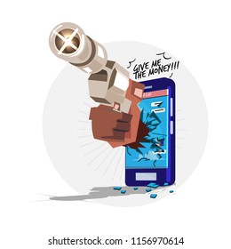 hand with gun try to Stealing personal information from your mobile phone. hacker or scam concept - vector illustration