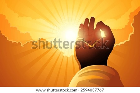Buddha’s hand in Gyan Mudra, set against a radiant sun, surrounded by golden light and clouds. The divine rays symbolize enlightenment, wisdom, and inner peace, reflecting spiritual awakening