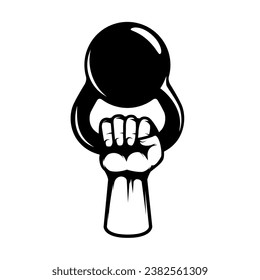 Hand with gym kettlebell. Design element for emblem, sign, badge. Vector illustration