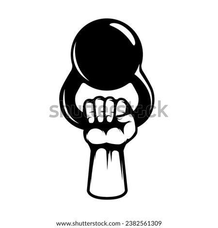 Hand with gym kettlebell. Design element for emblem, sign, badge. Vector illustration