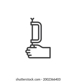 Hand with hacksaw line icon. linear style sign for mobile concept and web design. Hand with saw outline vector icon. Symbol, logo illustration. Vector graphics