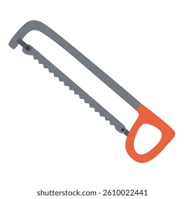 Hand hacksaw with red handle, hand drawn flat vector illustration