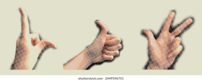 Hand halftone collage retro sticker. Hand different finger collage y2k style. Vector illustartion.