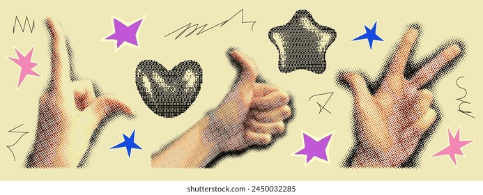 Hand halftone collage retro sticker. Hand different finger collage y2k style. Vector illustartion.	