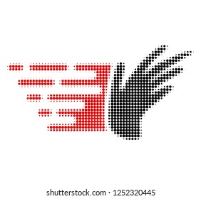 Hand halftone dotted icon with fast speed effect. Vector illustration of hand designed for modern abstract with symbols of speed, rush, progress, energy.