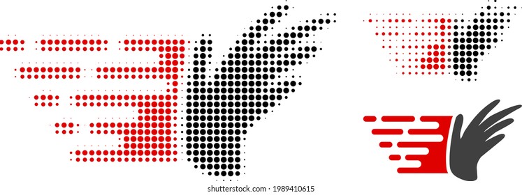 Hand Halftone gepunktete Ikone. Halftone Muster enthält Kreiselemente. Vektorgrafik von Hand Symbol auf weißem Hintergrund.