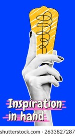A hand with a halftone effect firmly grips a light bulb, encapsulating the essence of inspiration against a bright blue backdrop, illustrating the birth of creative ideas.
