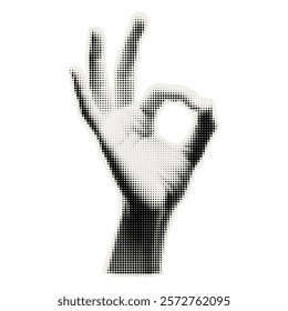 Hand with halftone effect . Vector cut out sticker. Trendy modern collage design element for a greeting card, collage, cover design.