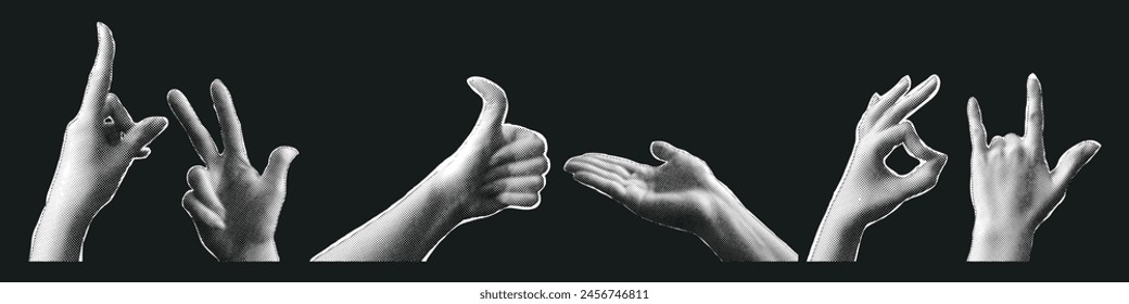 Semitono de mano sobre fondo negro. Gesto diferente en el diseño pop y2k. Textura de semitonos para un diseño retro. Mano de la mujer para el cartel