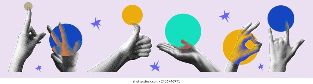 Hand halftone on light background. Different gesture in pop y2k design. Halftone texture for retro design. Woman hand with color ball for poster