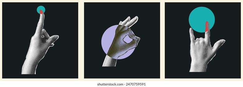 Hand halftone poster on black background. Different gesture in pop y2k design. Halftone texture for retro design. Woman hand with color ball for social poster