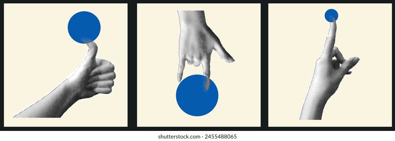 Hand halftone poster on light background. Different gesture in pop y2k design. Halftone texture for retro design. Woman hand with color ball for social poster