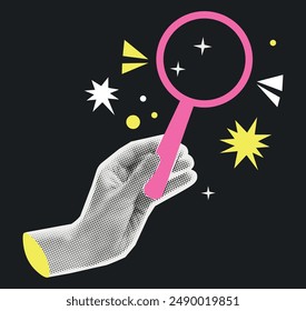 Hand in halftone style. Gesture. Super business concept. Idea. Vector. Trendy style. Retro banner.  Collage. Aesthetic poster. Office worker. The hand holds a magnifying glass. Elements and figures.