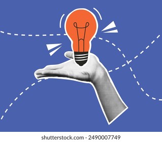 A hand in halftone style holds a light bulb. Business concept. Idea. Vector. Modern trendy style. Retro banner.  Collage. Aesthetic poster. Office worker.