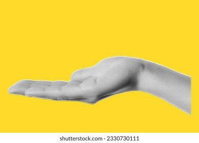 Hand in halftone treatment for collage on yellow background. hand, side view as if holding something, vector trendy illustration in dot like pop art