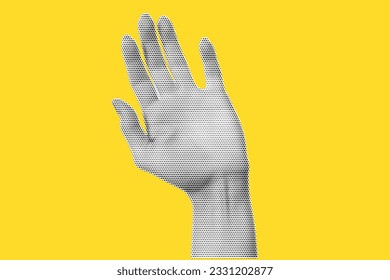 Hand in halftone treatment for collage on yellow background. Hello gesture, vector trend illustration in dot like pop art