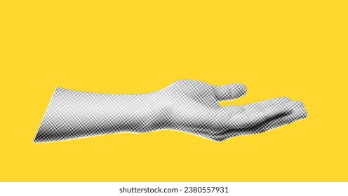 Hand in halftone treatment for collage on yellow background. hand, side view as if holding something, vector trendy illustration in dot like pop art