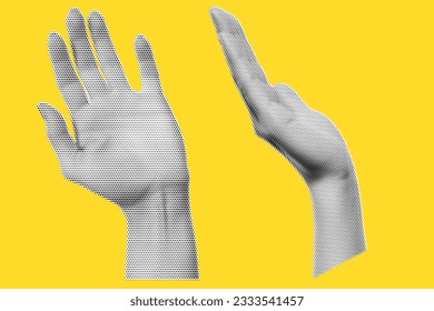 Hand in halftones treatment for collage on yellow background. hand, side view as if holding something,  Hello gesture, vector trendy illustration in dot like pop art