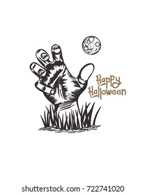 Hand halloween with moon, detail hand drawn vector art