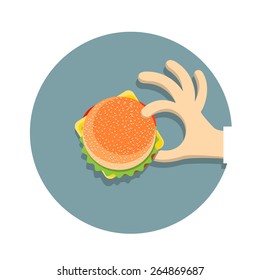 Hand with  hamburger in cartoon style. Vector EPS10
