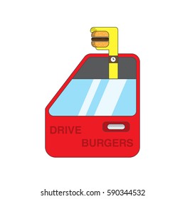 Hand with a hamburger, driver and fast food, purchase of a cheeseburger, a car door, transparent window,vector image, flat design