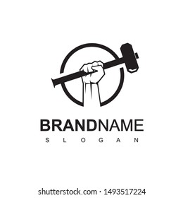 Hand With Hammer For Blacksmith Logo Design Template