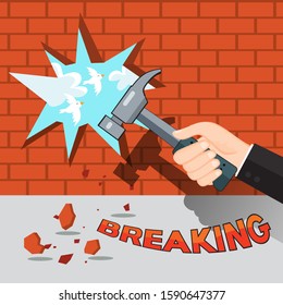 Hand with hammer breaking the wall, illustration vector cartoon
