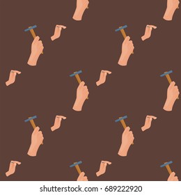 Hand with hammer construction tool vector seamless pattern house renovation handyman illustration