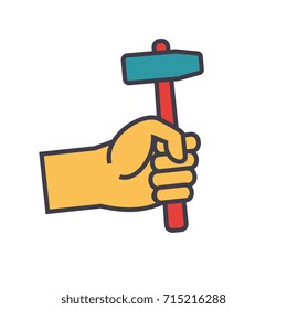 Hand with hammer flat line illustration, concept vector isolated icon 