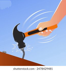 Hand with hammer hitting the bent nail. Vector stock illustration