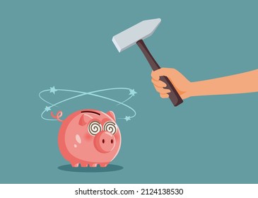 

Hand with Hammer Hitting Piggy Bank Vector Cartoon Illustration. Breaking the bank due to inflation and low purchasing power conceptual drawing
