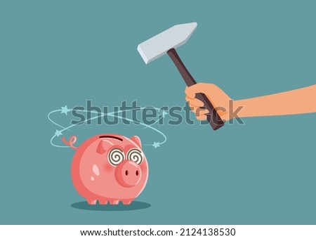 

Hand with Hammer Hitting Piggy Bank Vector Cartoon Illustration. Breaking the bank due to inflation and low purchasing power conceptual drawing
 Foto stock © 
