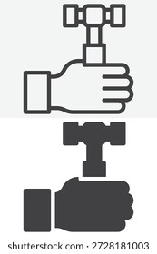 Mão com ícone de martelo definido em estilo diferente. Linha, contorno e ícone sólido com símbolo e sinal de vetor de traçado editável. Ícone de martelo para trabalhos de engenharia.