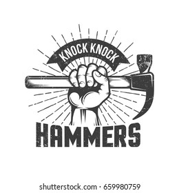 Hand with hammer and knock knock words on white.  Worn out texture on separate layer. Retro vector illustration.