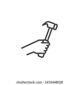Hand with hammer line icon. linear style sign for mobile concept and web design. Hand holding mallet outline vector icon. Repair service symbol, logo illustration. Vector graphics