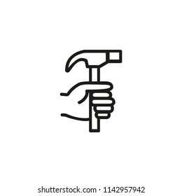 Hand with hammer line icon. Worker, carpentry, tool. Construction concept. Vector illustration can be used for topics like hardware, housework, industry