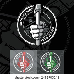 Hand with a hammer in hand logo, on a black background and with an additional two options.